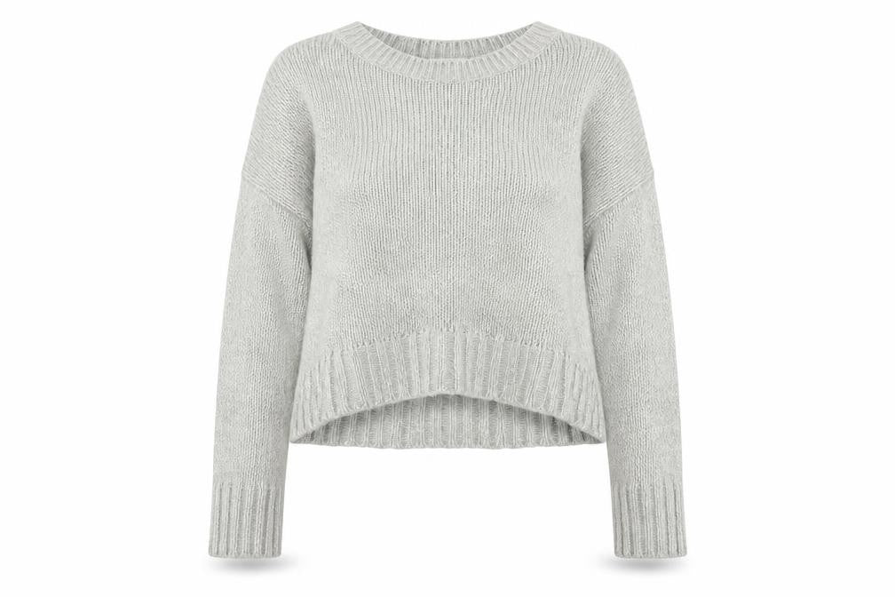 Front view of New Look women’s grey round neck acrylic jumper, size S