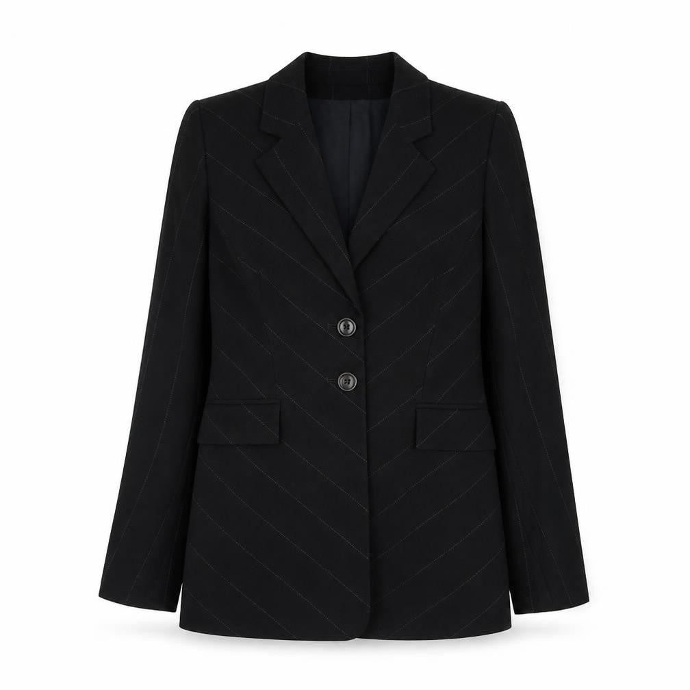 Front view of Press&Bastyan women’s black striped wool jacket blazer, size UK 8