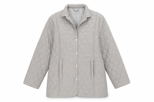 Front view of Gabrielle Vicenza women’s grey quilted jacket, size UK 10, button -, size UK 10-12