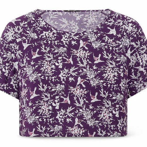 New Look Womens Purple Floral Viscose Cropped T-Shirt Size 12 Boat Neck - Bird Print