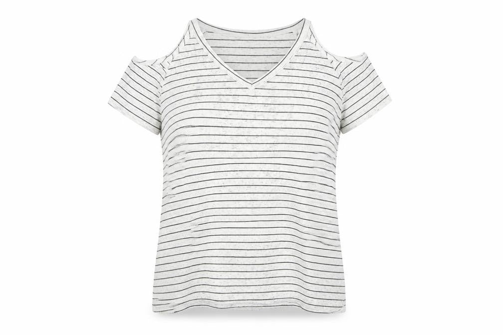 Front view of Papaya women’s white striped polyester basic t-shirt, size UK 12, v-neck - cold shoulder