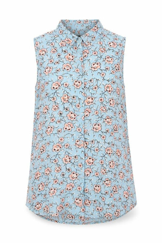 Front view of New Look women’s blue floral polyester basic button-up, size UK 6, collared