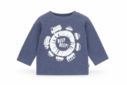 Front view of F&F boys’ blue cotton pullover t-shirt, size 0-3, months round neck button - cars