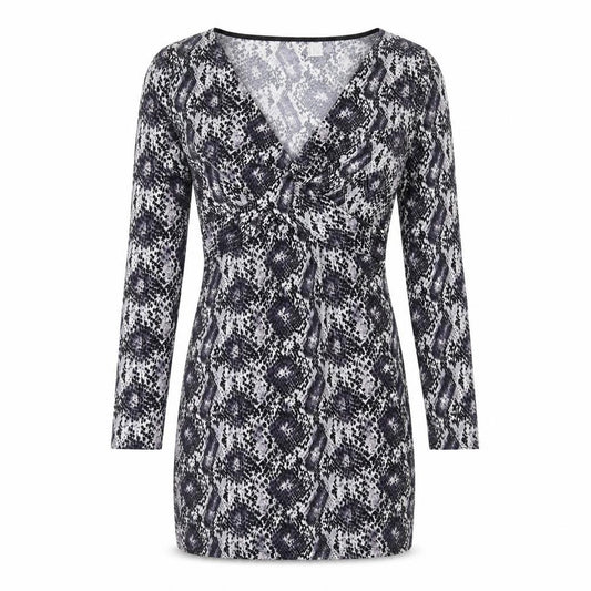 Front view of H&M women’s purple animal print polyester bodycon, size UK 10, v-neck pullover - snake skin print knot front