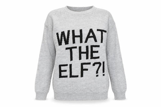 Front view of Boohoo women’s grey round neck acrylic jumper, size S, - what the elf, size S-m