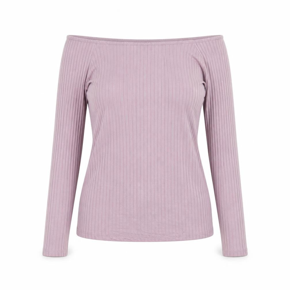 Front view of ASOS women’s purple viscose basic t-shirt, size UK 12, off the shoulder