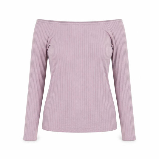 Front view of ASOS women’s purple viscose basic t-shirt, size UK 12, off the shoulder