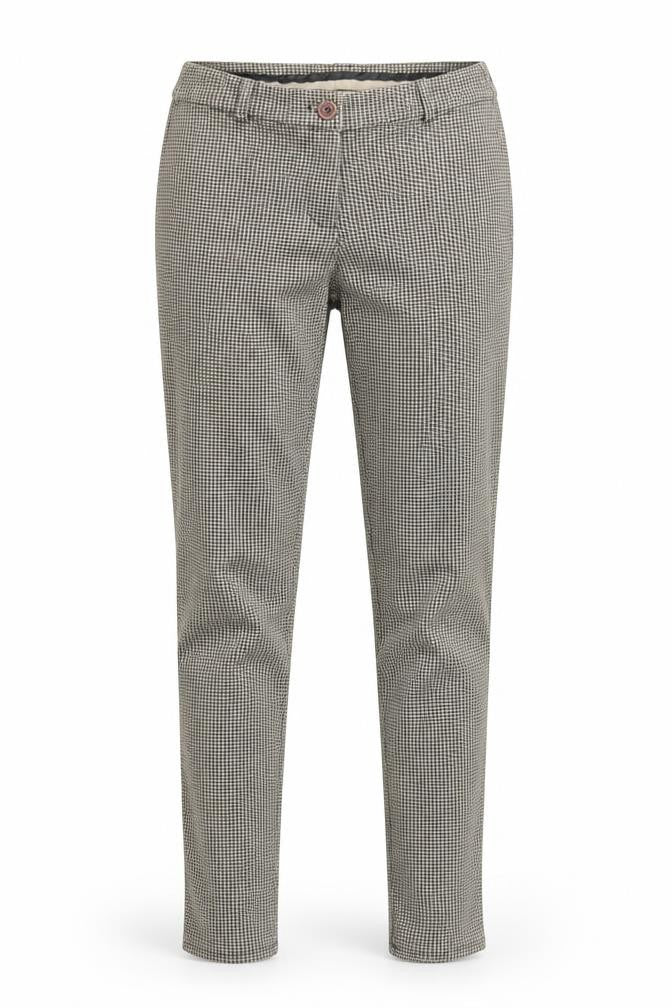 Front view of Preworn women’s brown geometric viscose trousers, size UK 8, regular zip - houndstooth pattern