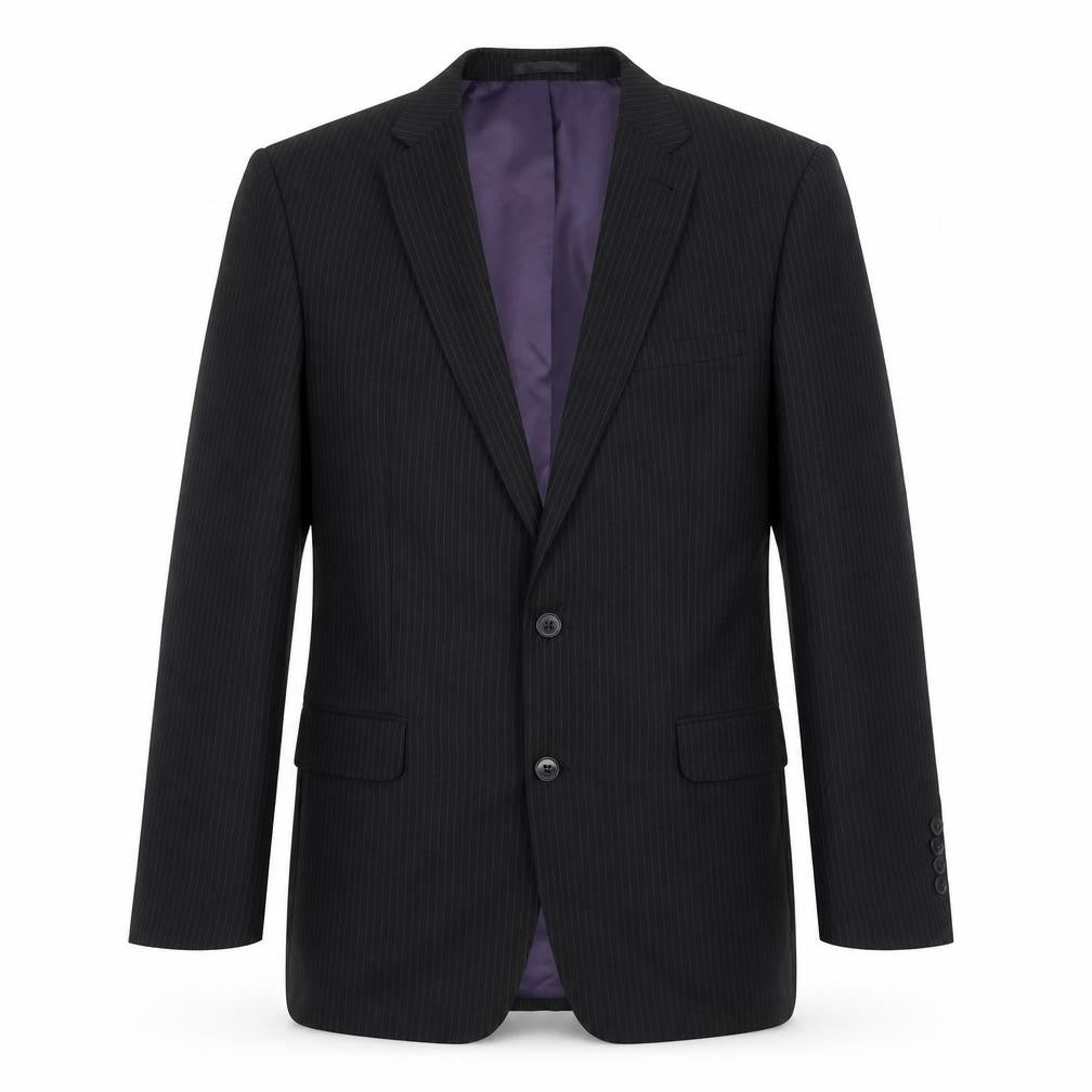 Front view of Taylor & Wright men’s black striped polyester jacket suit jacket, size 40, regular