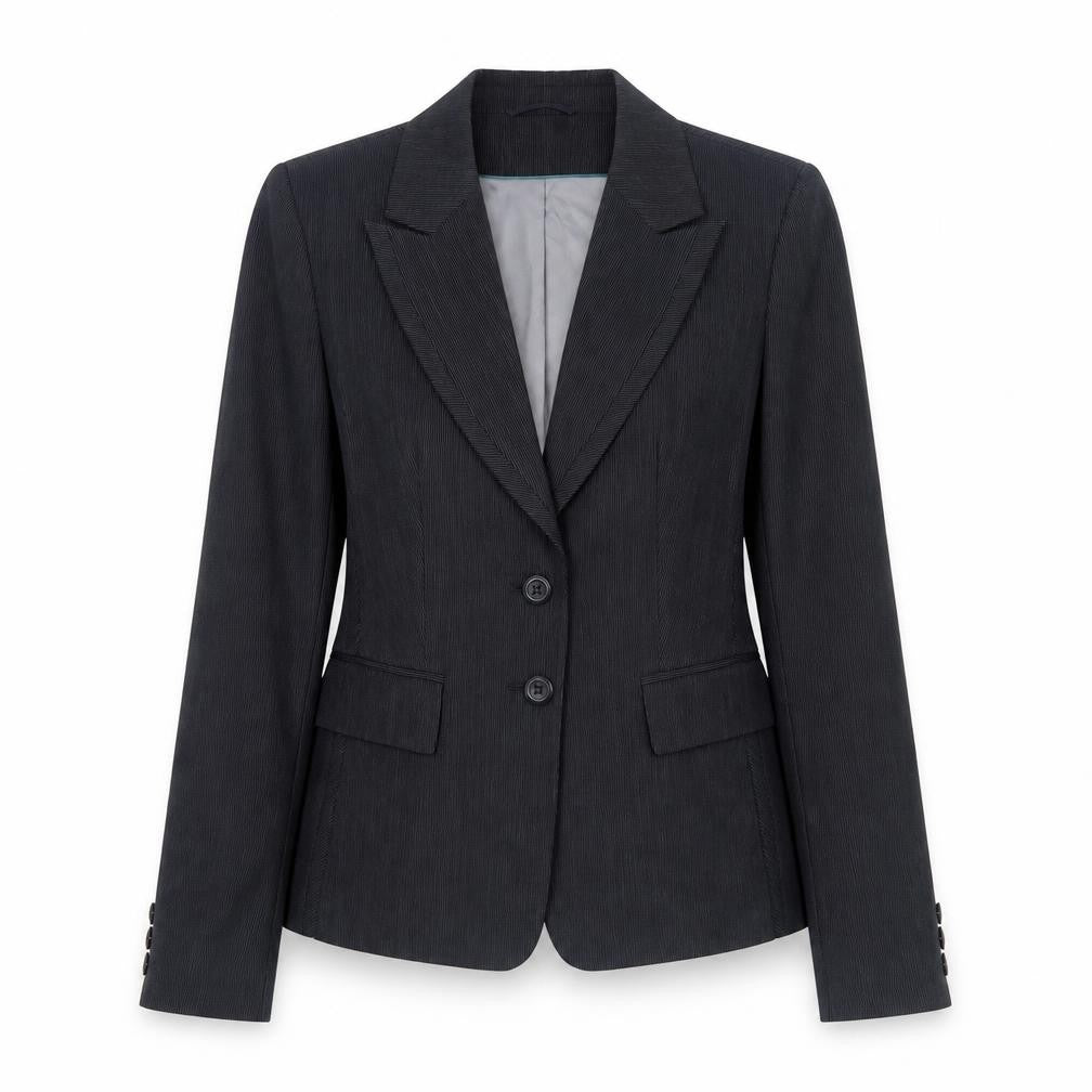 Front view of Next women’s black pinstripe polyester jacket blazer, size UK 12