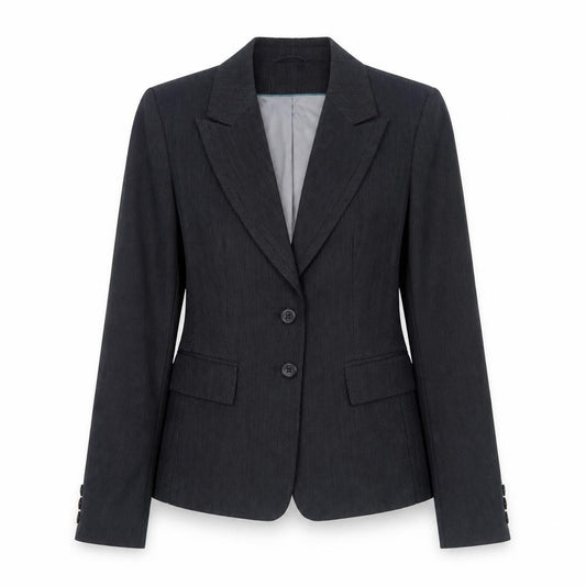 Front view of Next women’s black pinstripe polyester jacket blazer, size UK 12