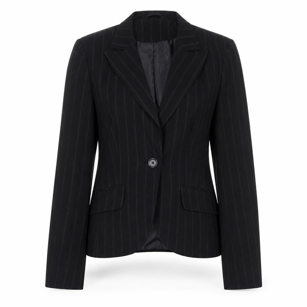 Front view of Internacionale women’s black striped polyester jacket blazer, size UK 8