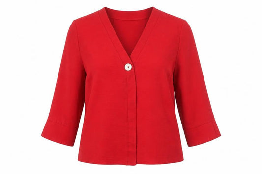 Front view of New Look women’s red polyester basic blouse, size UK 14, v-neck