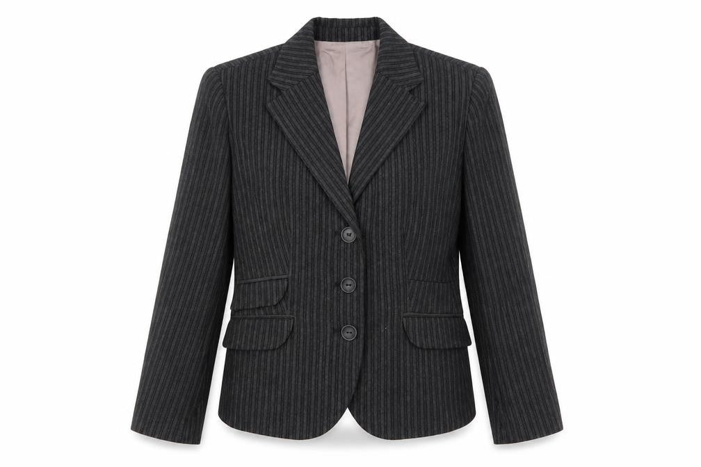 Front view of Zara women’s grey striped viscose jacket suit jacket, size S