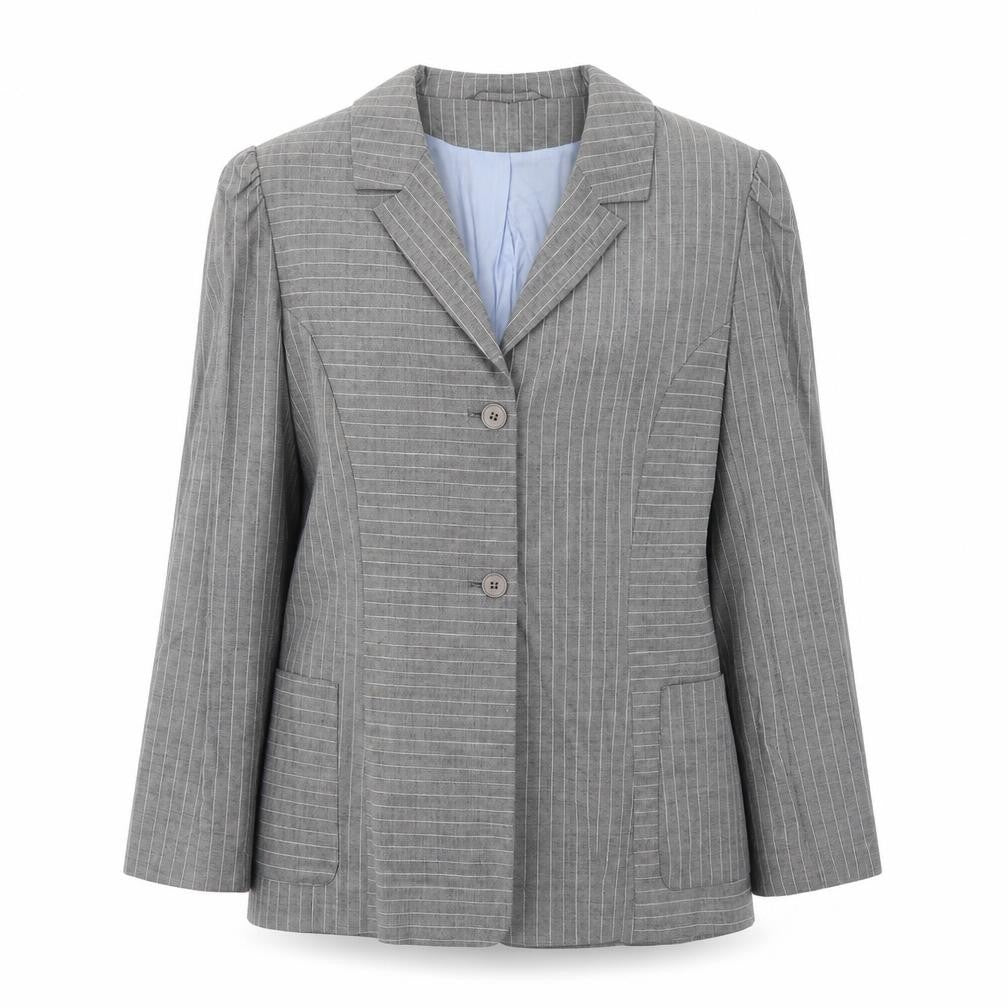 Front view of Marks & Spencer women’s grey striped polyester jacket blazer, size UK 16