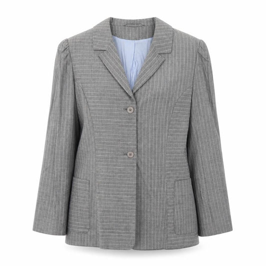 Front view of Marks & Spencer women’s grey striped polyester jacket blazer, size UK 16