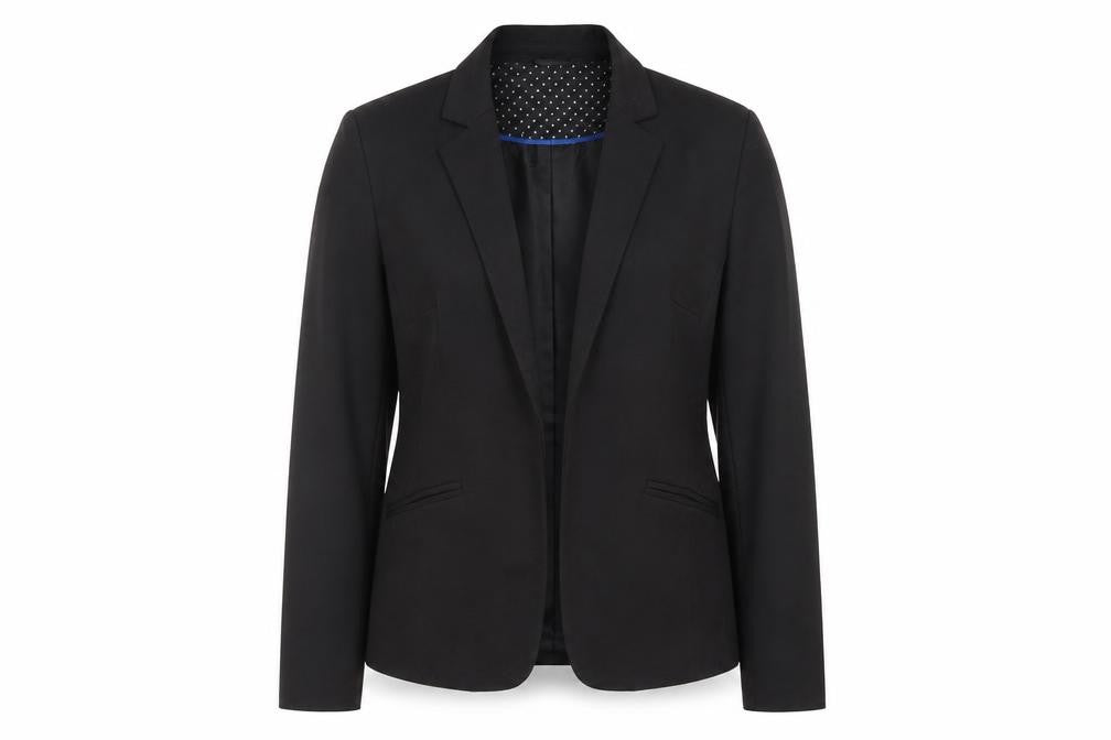 Front view of Atmosphere women’s black polyester jacket blazer, size UK 10, - open