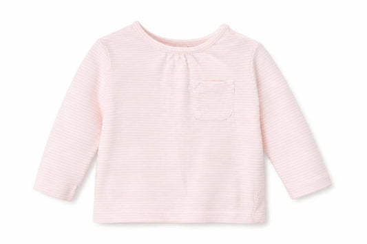 Front view of Next girls’ pink striped cotton pullover t-shirt, size 3-6, months boat neck button