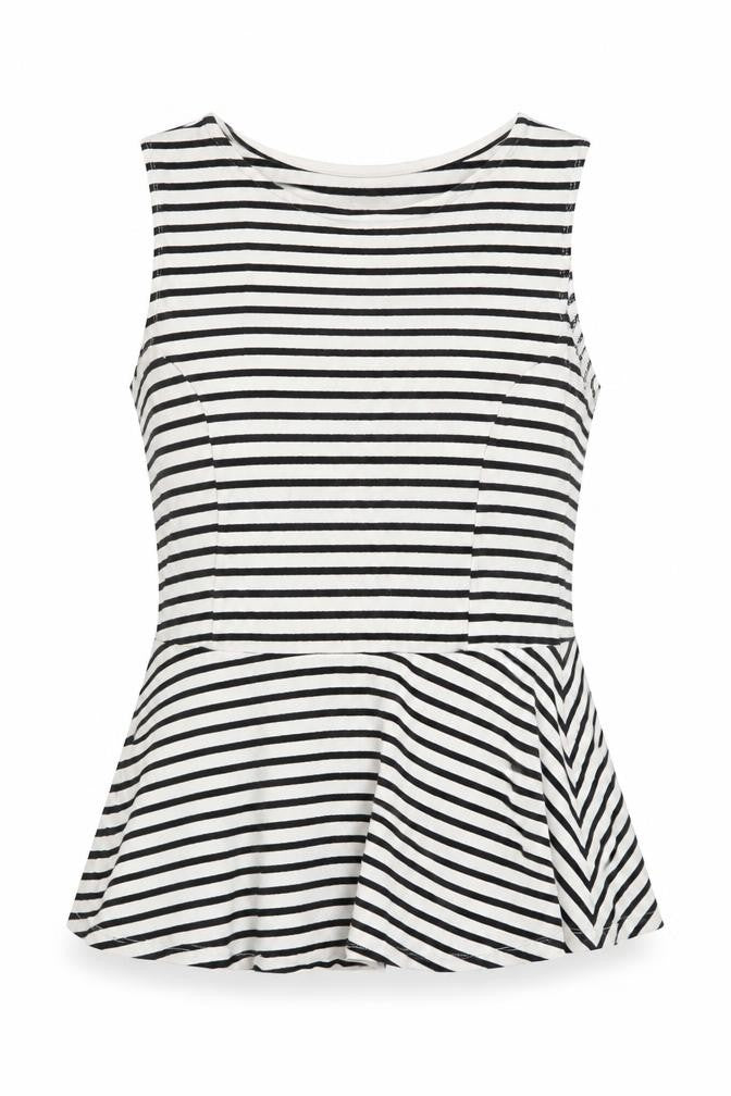 Front view of New Look women’s white striped viscose basic tank, size UK 10, round neck