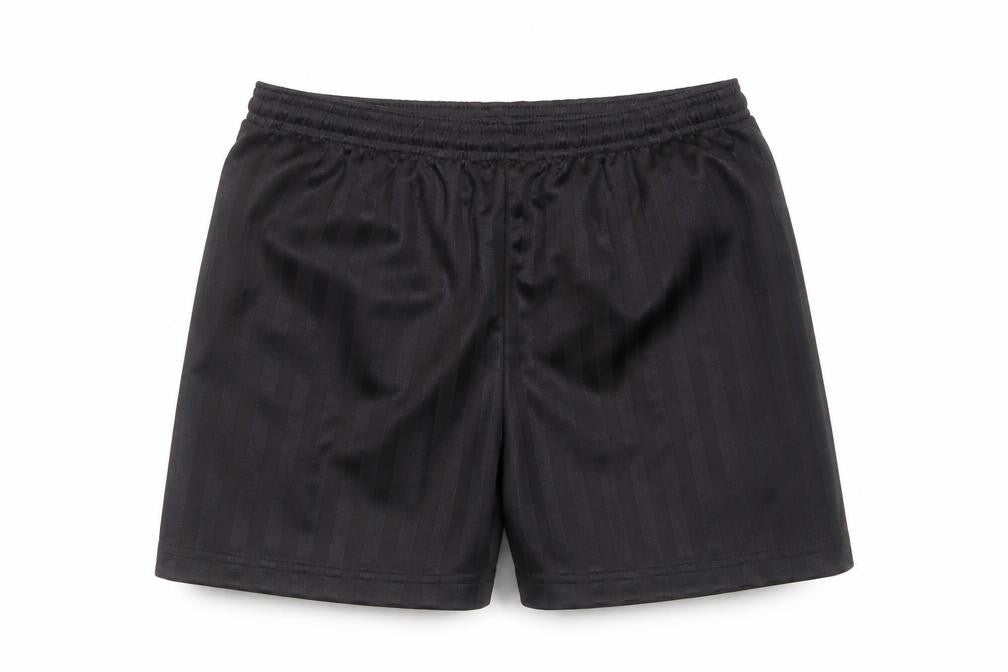 Front view of Precision Training boys’ black striped polyester sweat shorts, size 10, years regular drawstring