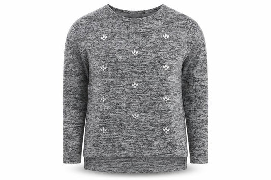 Front view of Primark women’s grey round neck polyester jumper, size UK 10