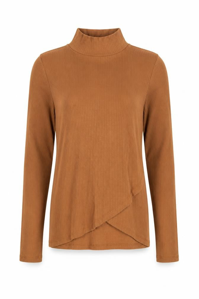 Front view of Bershka girls’ brown high neck polyester jumper, size S, pullover