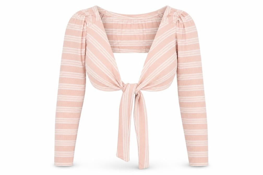 Front view of PRETTYLITTLETHING women’s pink v-neck striped polyester jumper, size UK 6, - tie front
