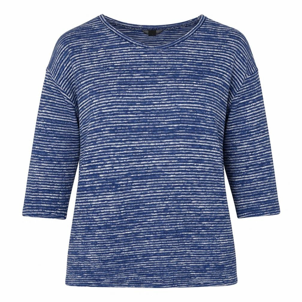 Front view of F&F women’s blue scoop neck striped polyester jumper, size UK 8