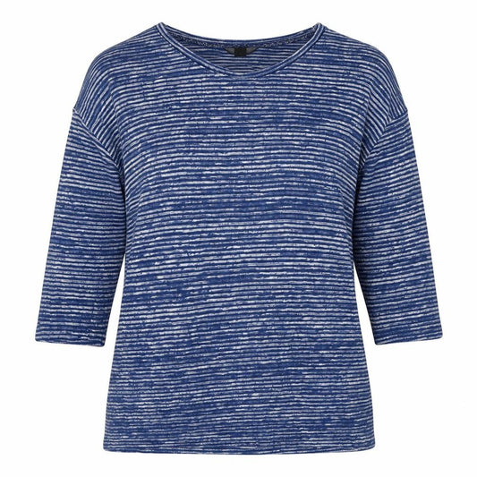 Front view of F&F women’s blue scoop neck striped polyester jumper, size UK 8