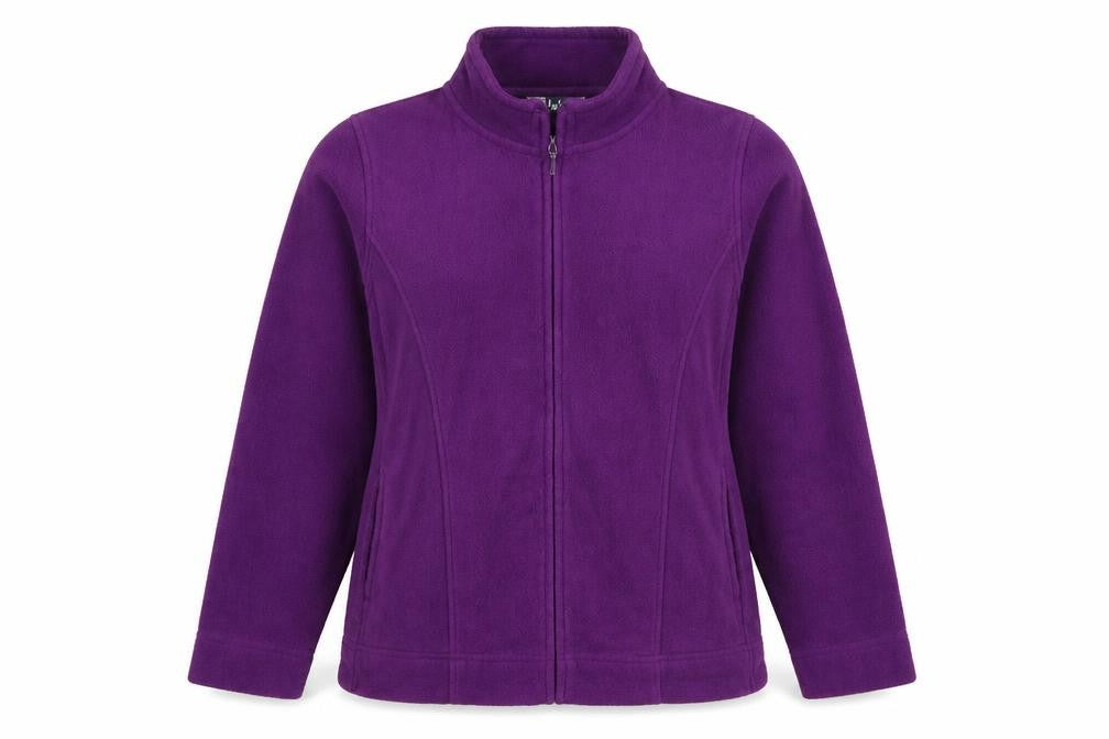 Front view of EWM women’s purple jacket, size UK 10, zip -, size UK 10-12