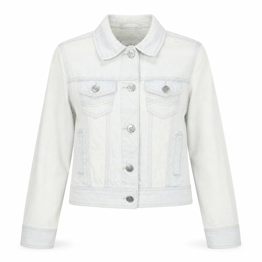Front view of Denim & Co. women’s blue jacket, size UK 8, button