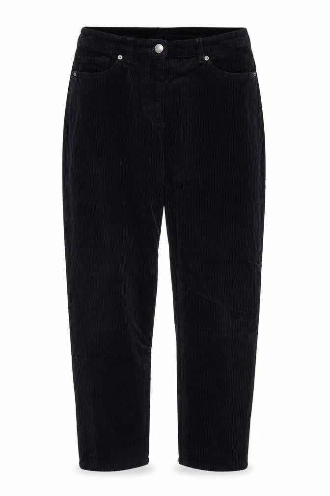 Front view of Monki women’s blue cotton trousers, size UK 8, regular zip