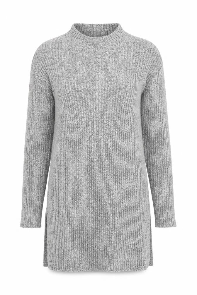 Front view of Topshop women’s grey round neck viscose jumper, size UK 8