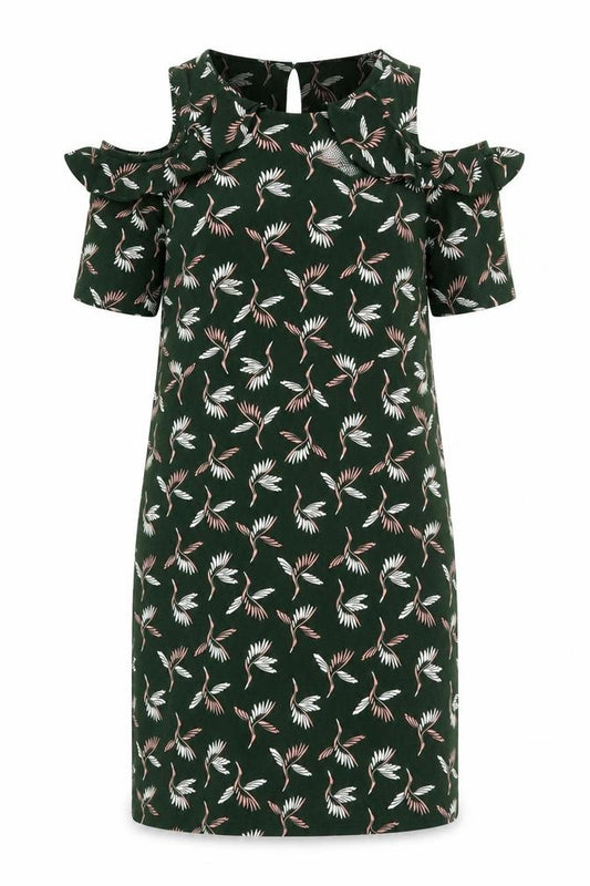 Front view of Next women’s green geometric polyester a-line, size UK 8, scoop neck button - bird print cold shoulder