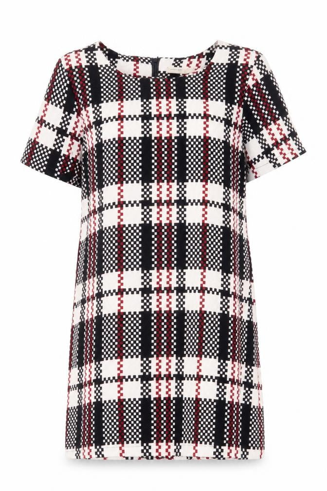 Front view of Vera & Lucy women’s multicoloured plaid polyester shift, size M, scoop neck zip