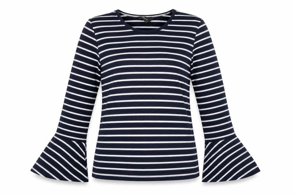 Front view of Max women’s blue striped cotton basic blouse, size S, scoop neck - bell sleeve