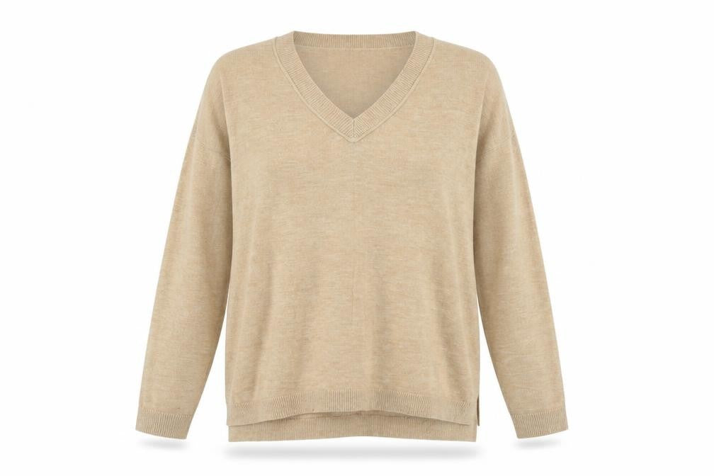 Front view of ASOS women’s beige v-neck polyester jumper, size UK 8