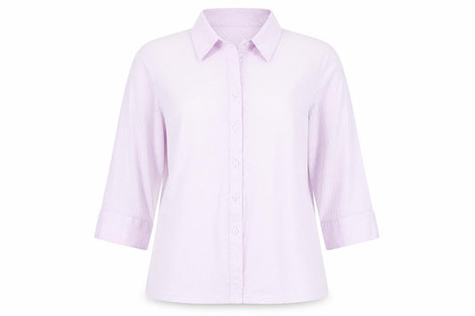 Front view of Fashion Extra women’s purple striped polyester basic button-up, size UK 18, collared