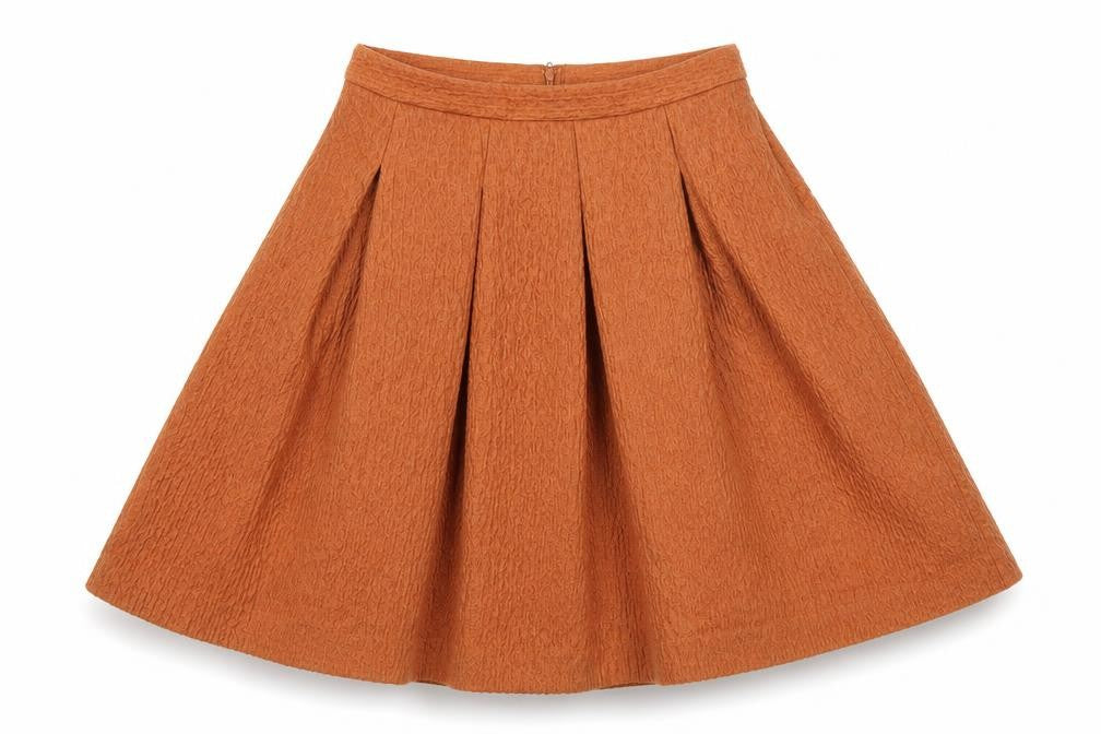 Front view of H&M women’s orange polyester skater skirt, size UK 6, zip