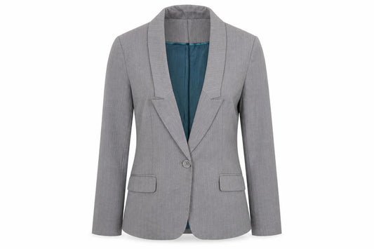Front view of Denim & Co. women’s grey jacket blazer, size UK 12, button