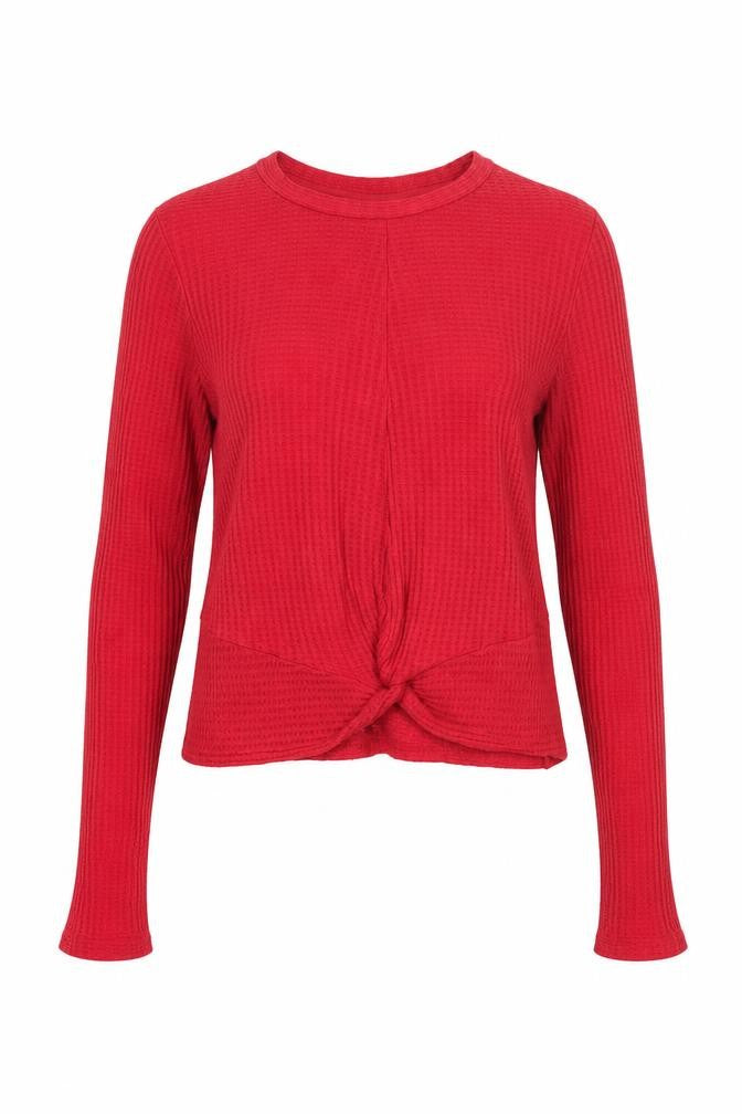 Front view of Topshop women’s red round neck viscose jumper, size UK 10