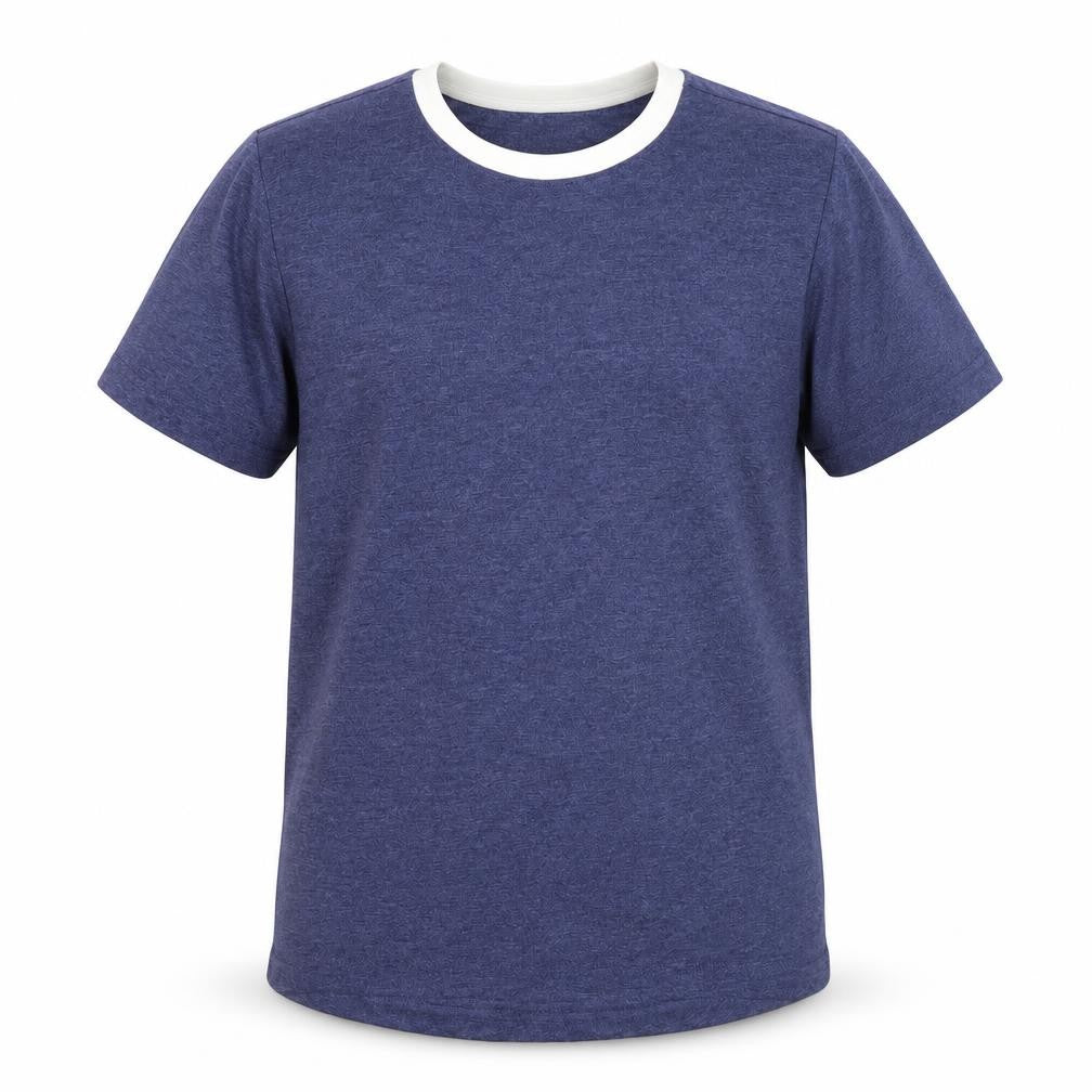 Front view of Nutmeg boys’ blue cotton basic t-shirt, size 9-10, years round neck pullover