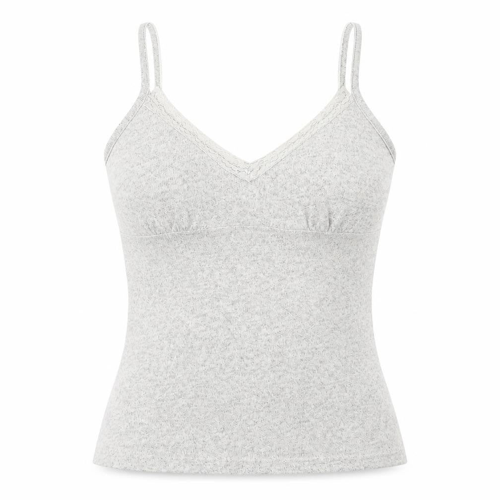 Front view of Feel Fabulous women’s grey polyester basic tank, size UK 10, v-neck - lace neckline