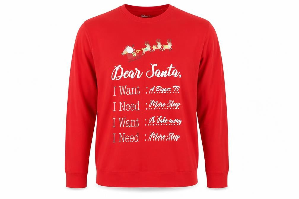 Front view of Festive Fun men’s red cotton pullover sweatshirt, size M, - dear santa....
