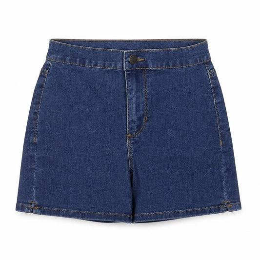 Front view of Denim & Co. women’s blue cotton boyfriend shorts, size UK 6, regular zip