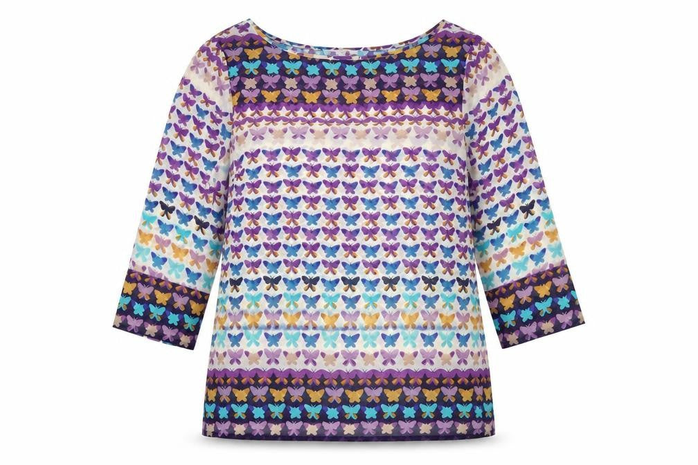 Front view of Be Beau women’s multicoloured geometric polyester basic blouse, size UK 10, boat neck - butterfly