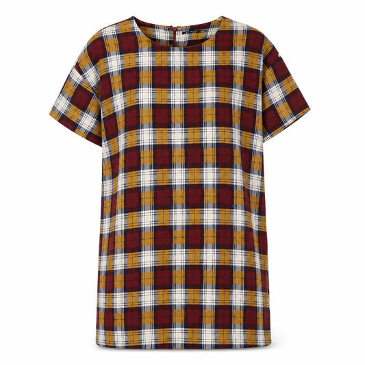Front view of Boohoo women’s red plaid polyester t-shirt dress, size UK 12, round neck zip