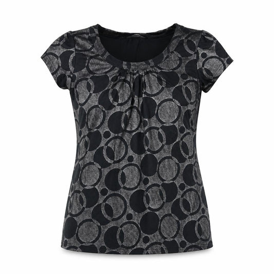 Front view of Editions women’s black geometric 100% cotton basic t-shirt, size UK 10, scoop neck