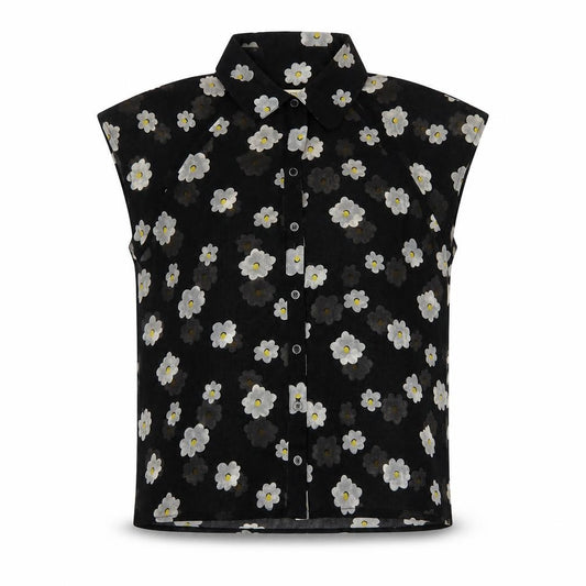 Front view of I Love HB1 women’s black floral polyester basic button-up, size S, collared