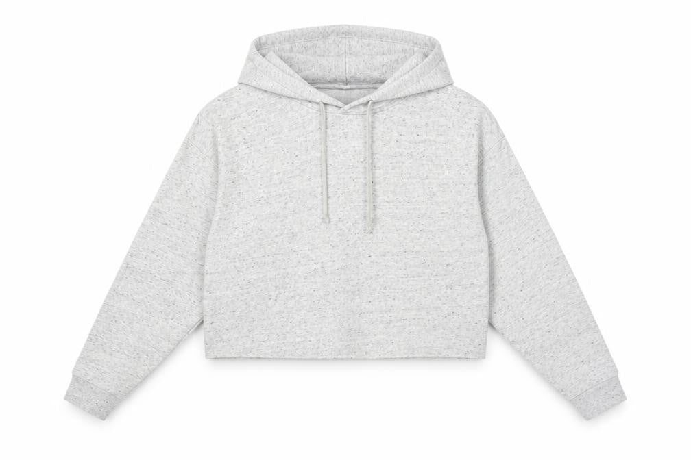 Front view of H&M women’s grey chlorofibre pullover hoodie, size L, pullover